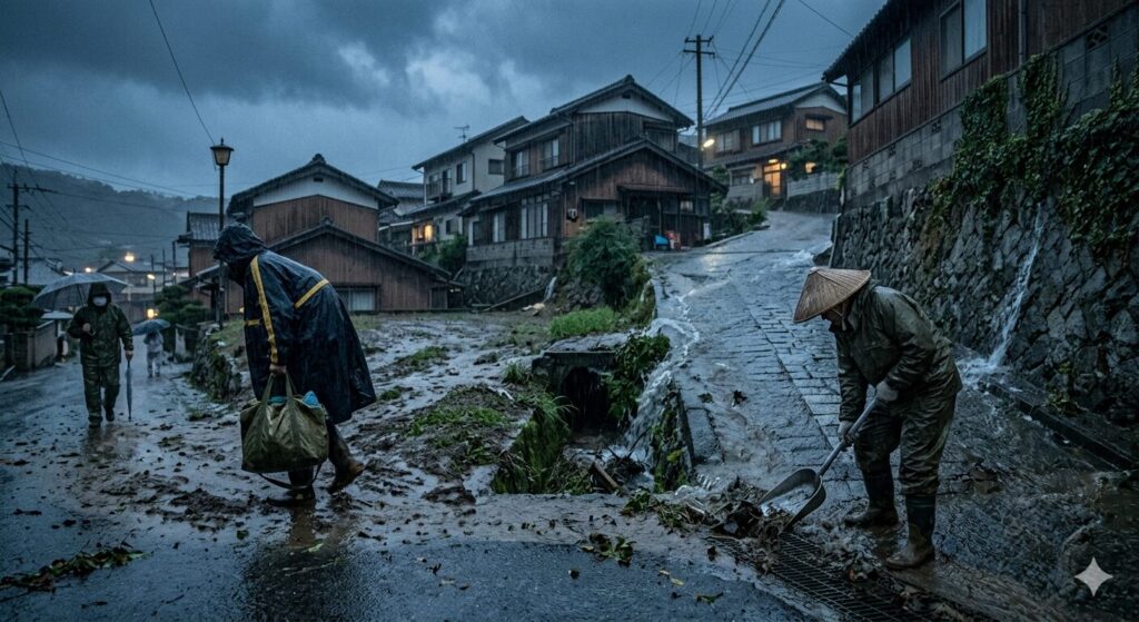 梅雨の豪雨に包まれた日本の住宅街