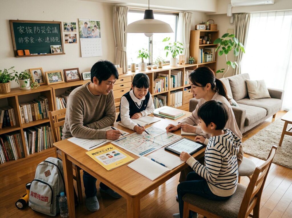 家族で防災会議をしているリビング風景