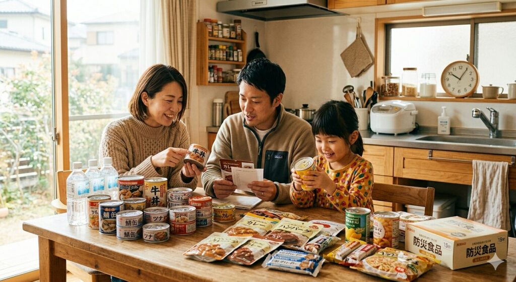 非常食の確認をしている家族