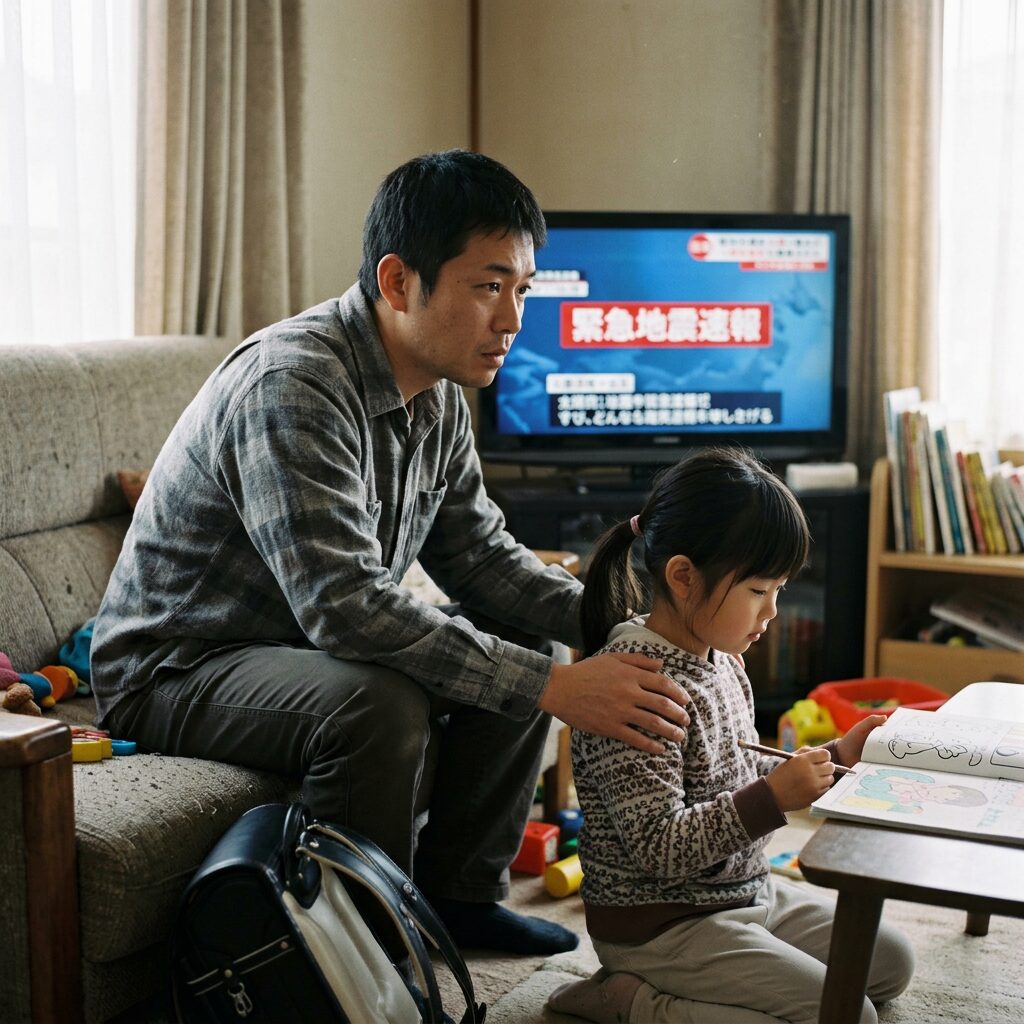 Father and daughter in living room watching earthquake emergency alert on television
