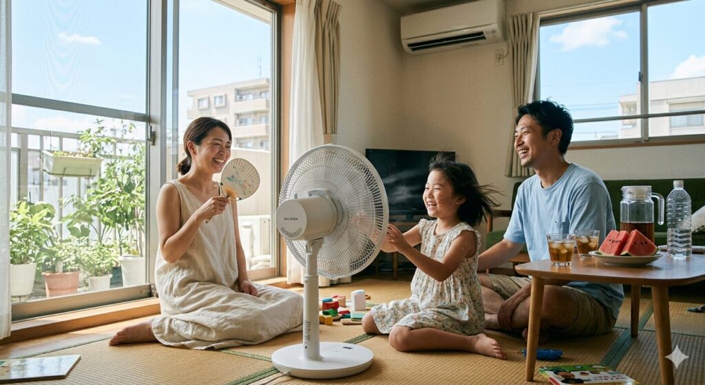 夏の暑い日を扇風機で過ごす家族