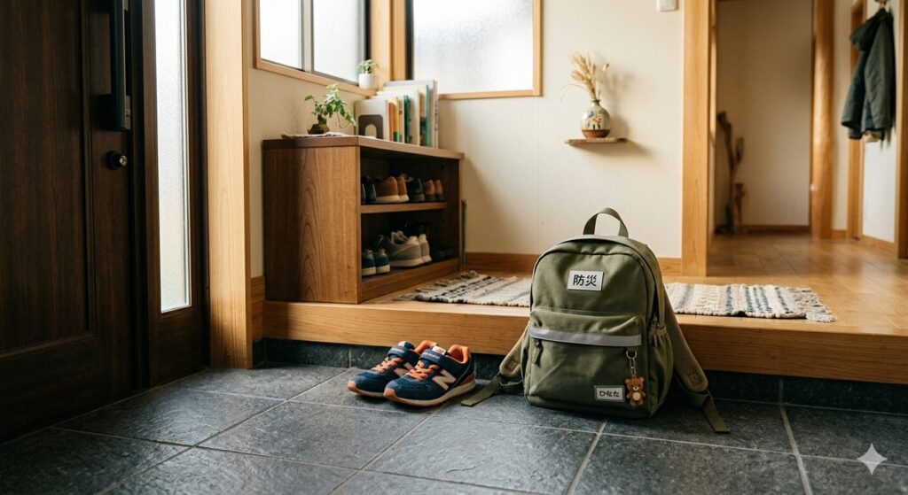 子ども用防災リュックを玄関に準備している様子