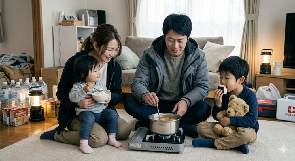 在宅避難をして少し安心している家族