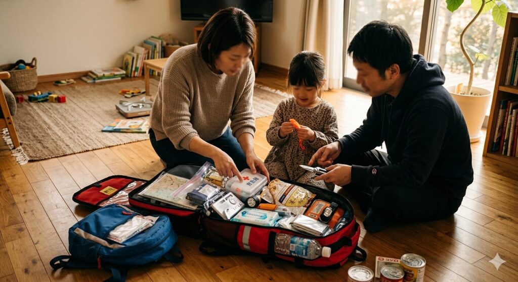 防災リュックを準備する家族