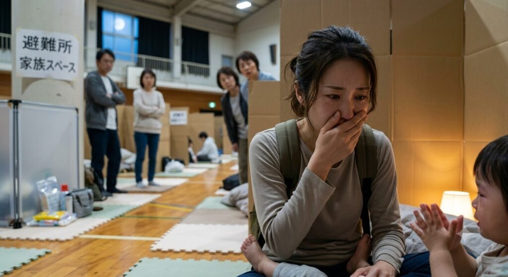 避難所でストレスを抱えているママ
