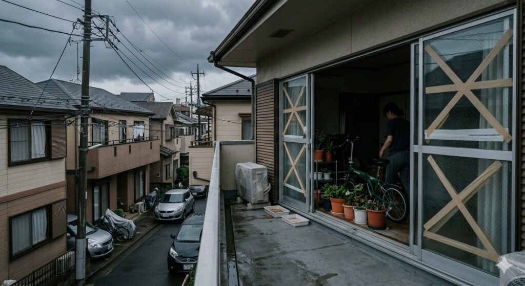 台風が来る前に家の中に荷物を片付けている様子