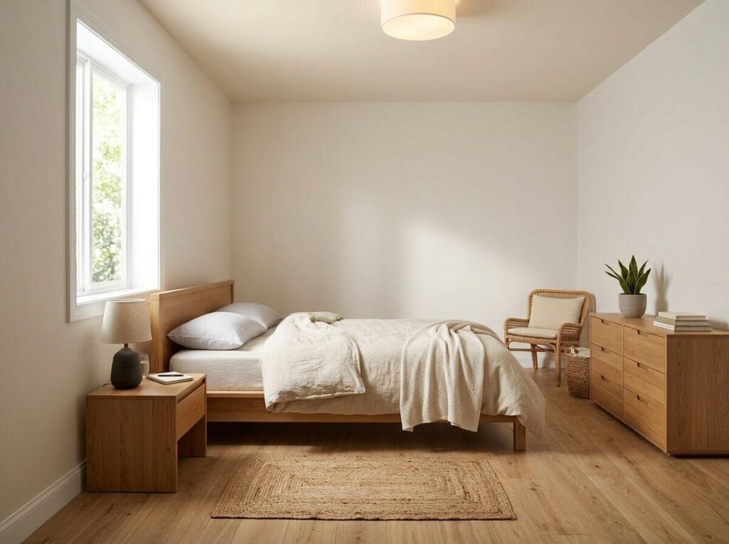 Minimalist bedroom with a bed, wooden furniture, and natural decor in neutral colors