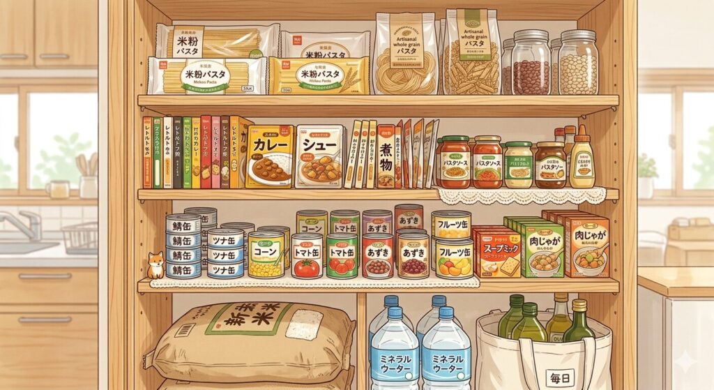 アレルギー対策された非常食のストック棚