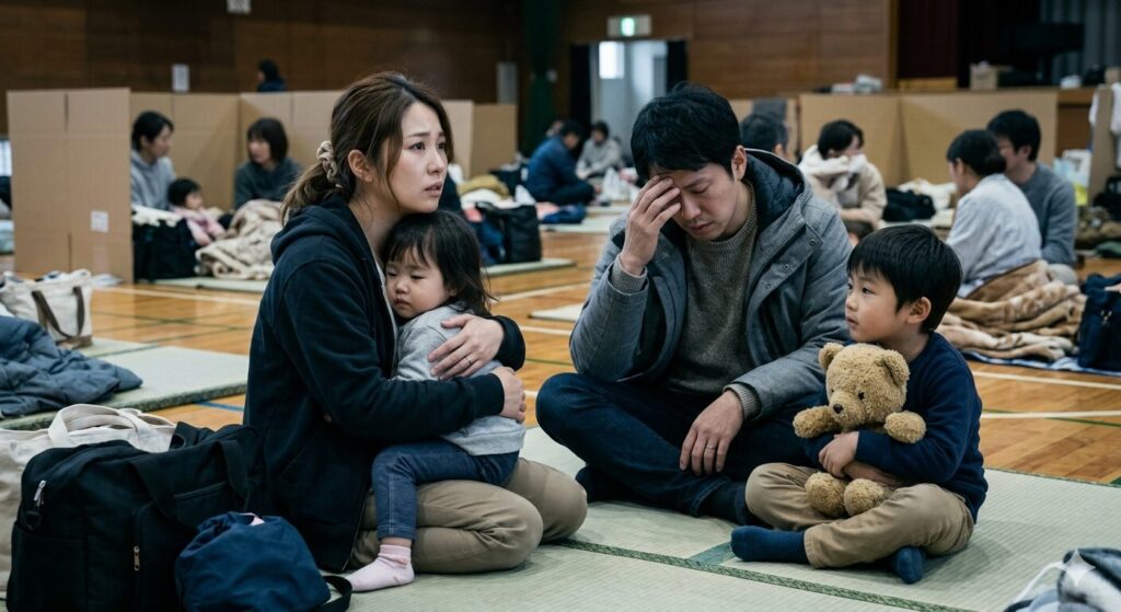 慣れない避難所生活で不安になっている家族