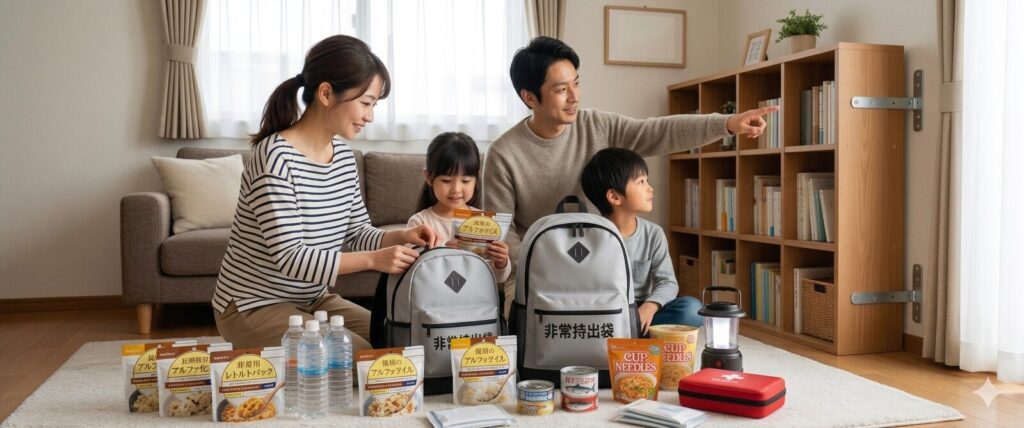 防災グッズの点検をしている家族