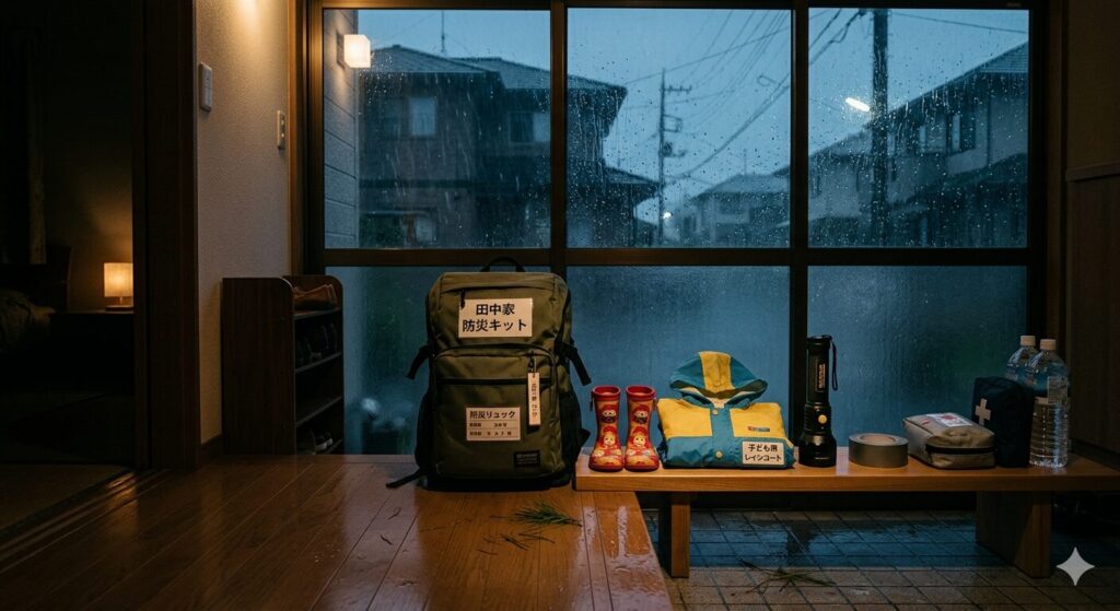 豪雨災害に子ども用の防災グッズを準備している様子