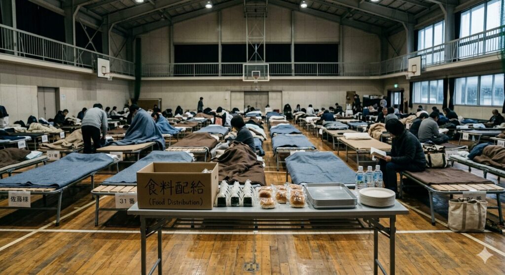 避難所で集団生活を送る人々