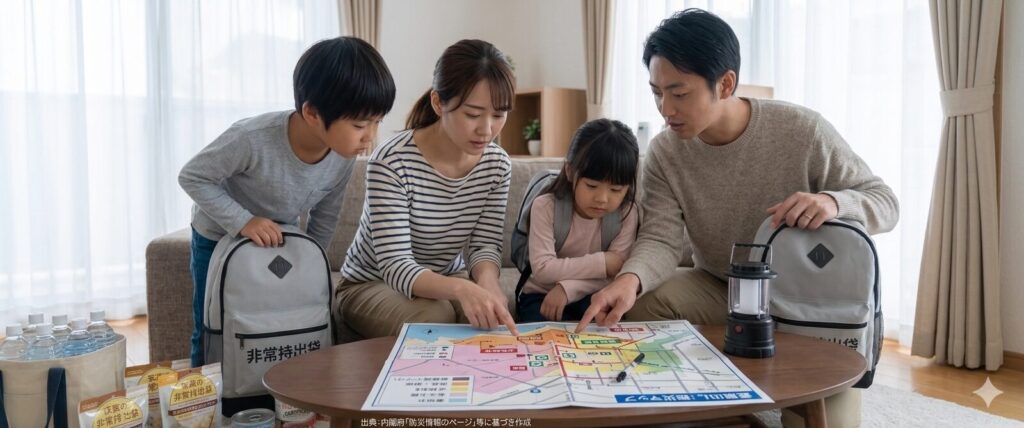 防災マップを見て家族会議する様子