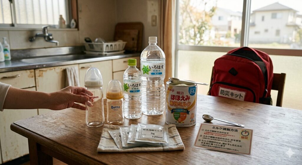 赤ちゃん用の水でミルクを作る様子