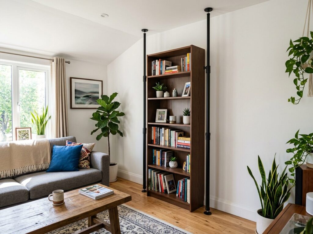 Tension poles securing tall cabinet in bright living room