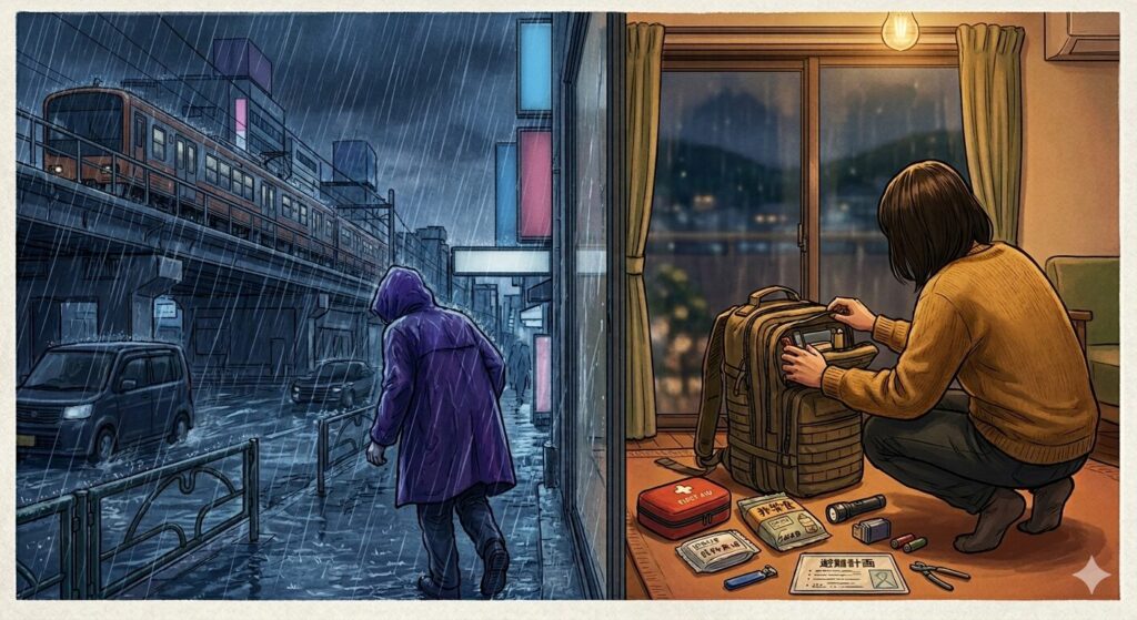 梅雨の防災リュックを点検する女性