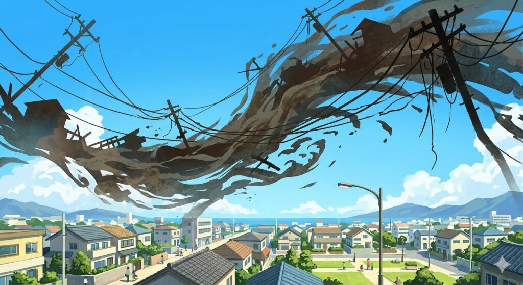 穏やかに見えるが電線が切れていいて危ない街