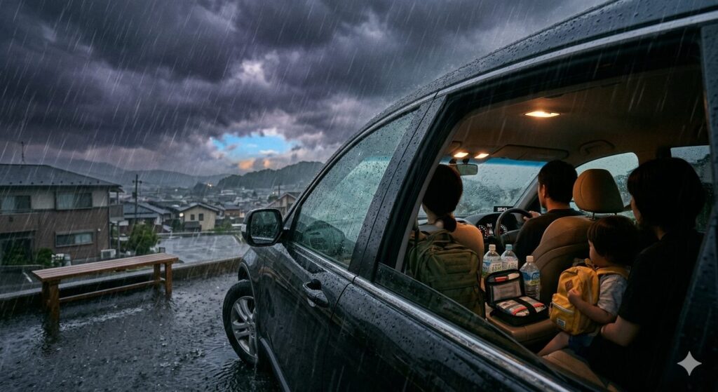 大雨で子どもと車中泊する