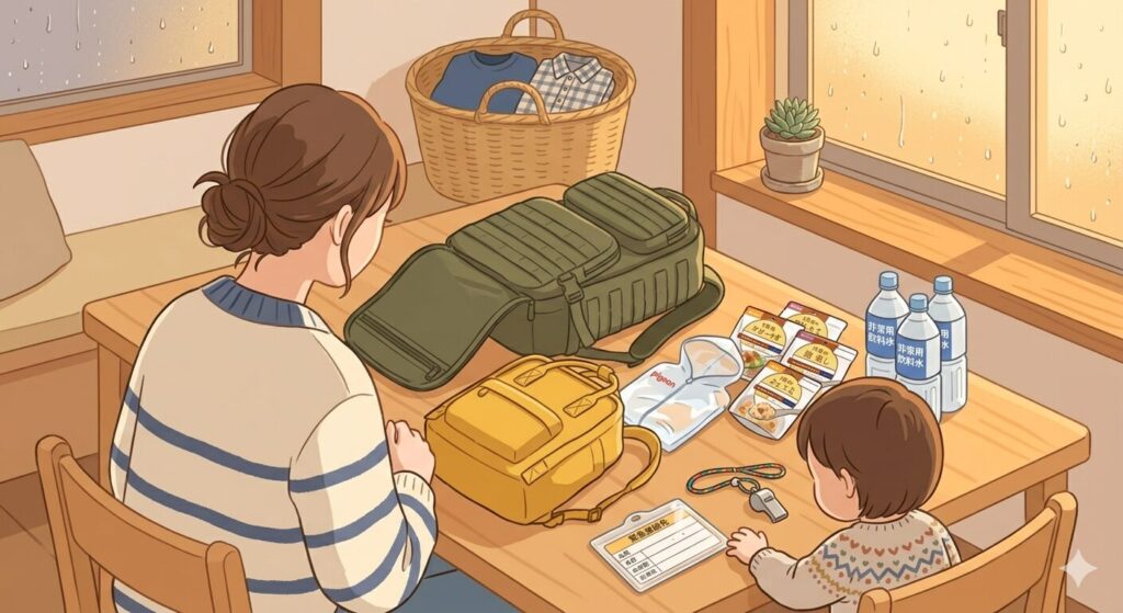 子どもと一緒に防災グッズを点検する様子
