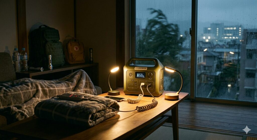 停電の夜にポーダブル電源で明かりを点ける