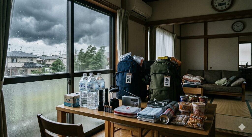 台風接近前に防災グッズを準備する様子