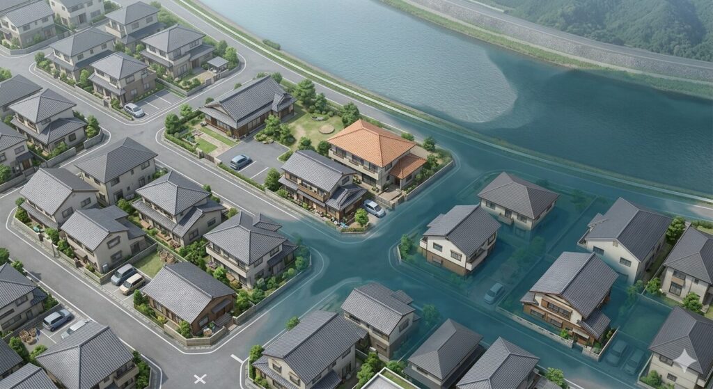 川が氾濫し、住宅街が浸水する