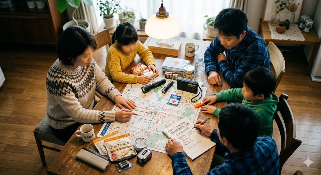 防災会議をする家族