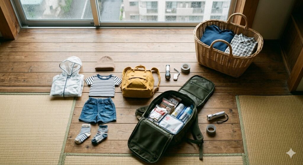 梅雨入り時期に防災リュックに子供服を準備する様子