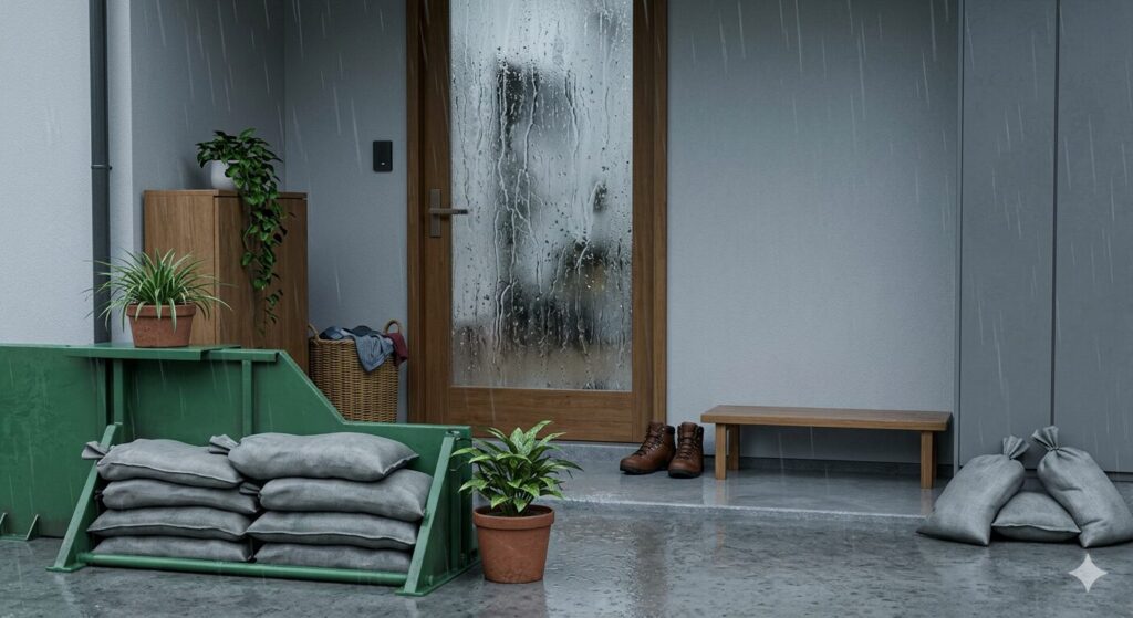 大雨対策している玄関