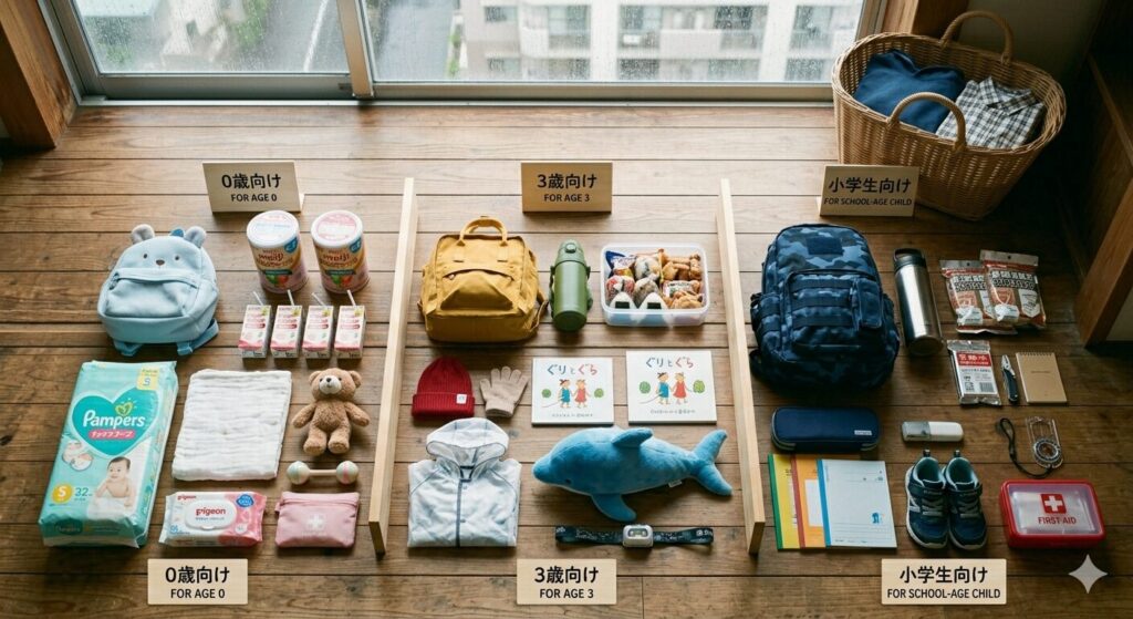 年齢別に分けられた防災グッズ
