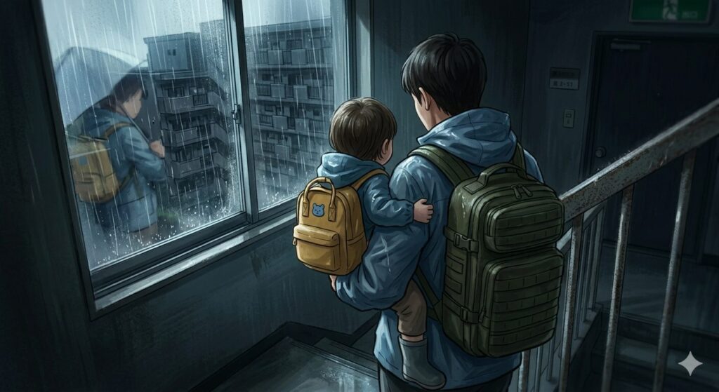 雨の中防災リュックを背負って避難する親子
