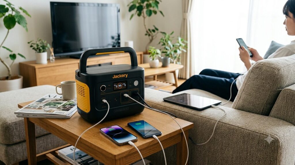 Jackeryのポータブル電源でスマホ充電する様子